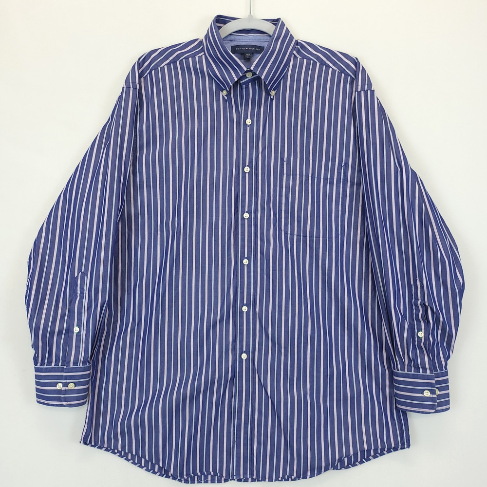 Tommy Hilfiger Button Down Shirt Striped Men L 16-16.5 32/33 Blue Long‎ Sleeve